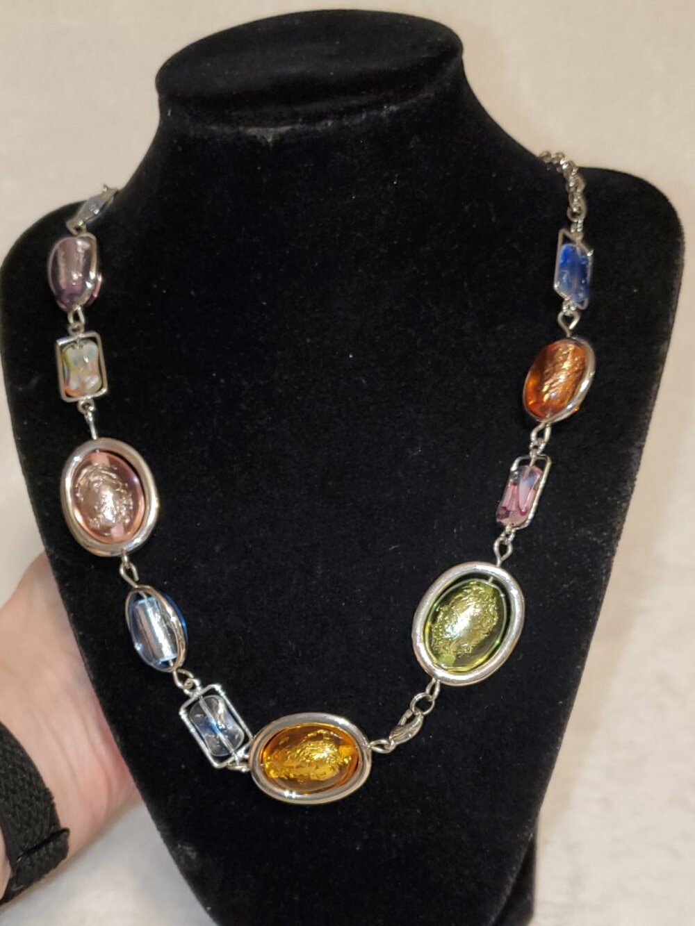 Beautiful foiled glass glimmering bead statement necklace